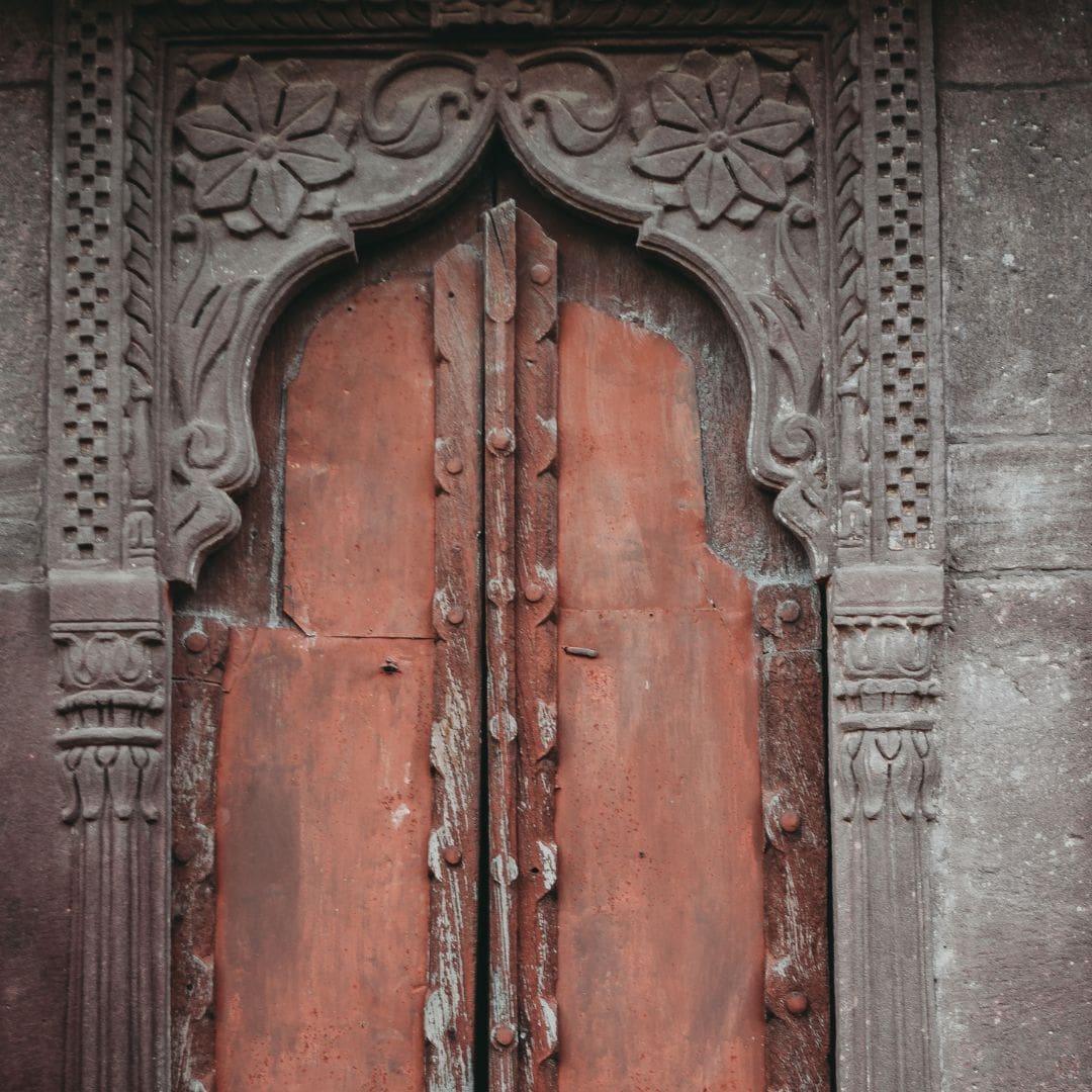 Close-up of an ornate carved door in Bishnoi Village, India Close-up of an ornate carved door in Bishnoi Village, India