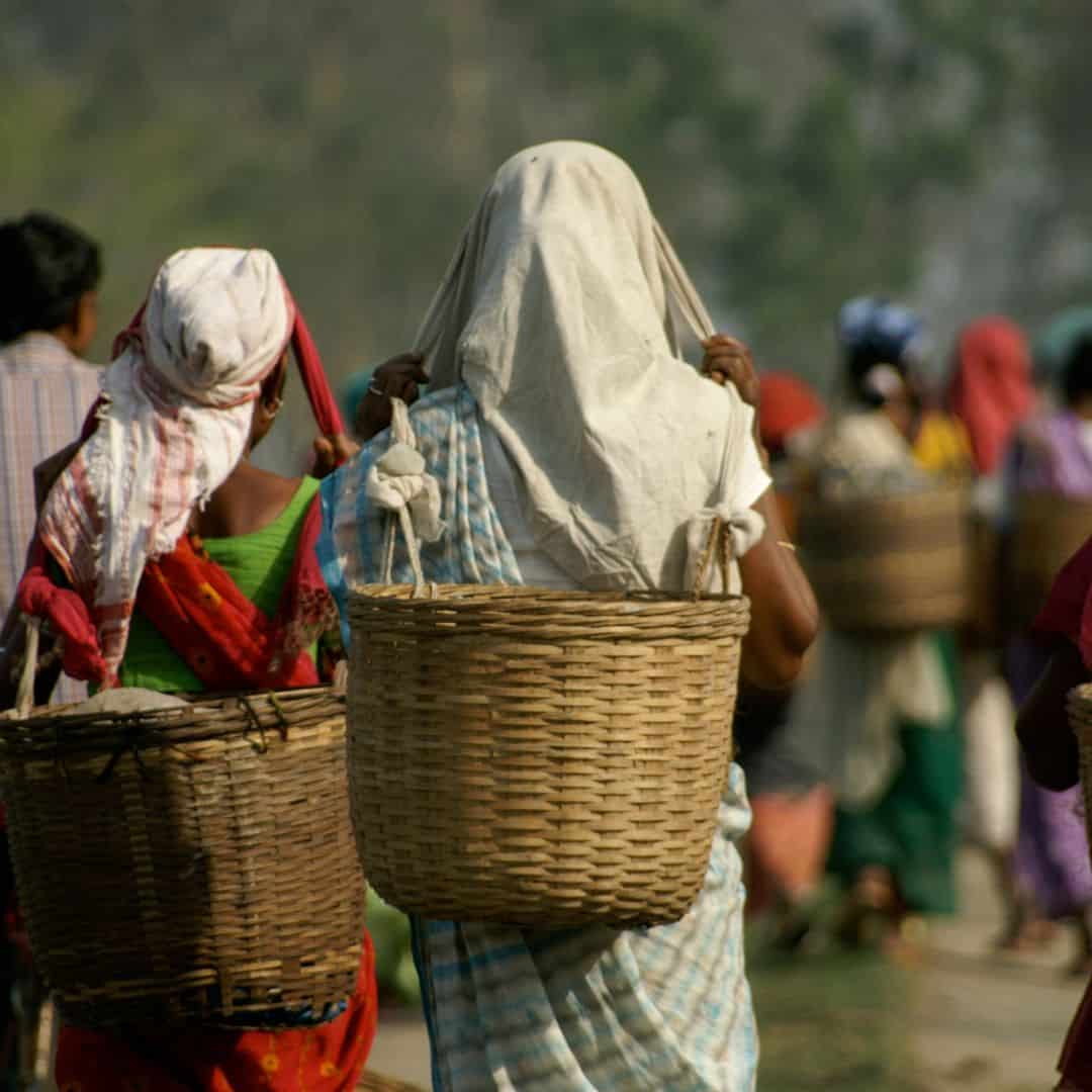 Women carrying baskets on their heads while wading through a river in Munnar, India Women carrying baskets on their heads while wading through a river in Munnar India